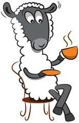 A happy sheep is having a great coffee time.