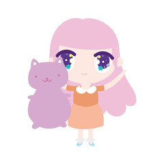 Obraz na płótnie Canvas kids, cute little girl anime cartoon with cute cat