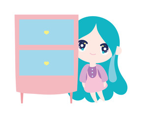 cute little girl cartoon with furniture cabinet