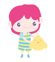 cute little boy anime cartoon holding chicken