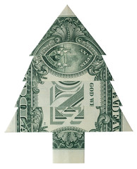 Money Origami SPRUCE Christmas Fir Tree Folded with Real One Dollar Bill Isolated on White Background