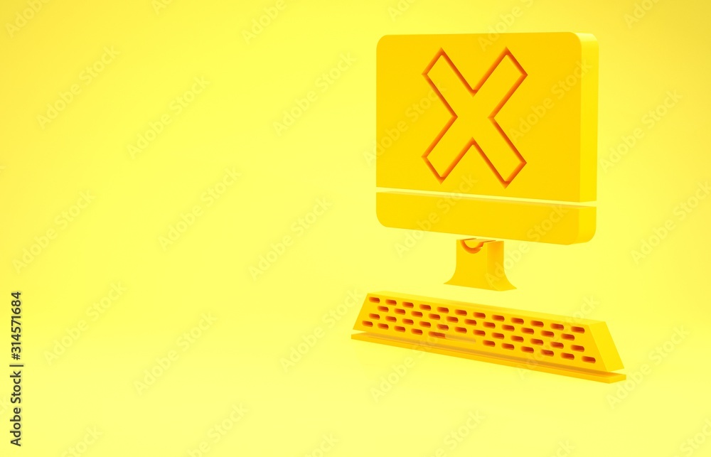 Fototapete yellow computer with keyboard and x mark icon isolated on yellow background. error window, exit butt