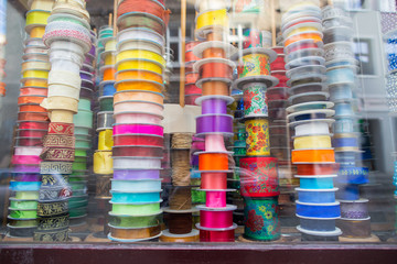 Closeup of a window of a habersdashery