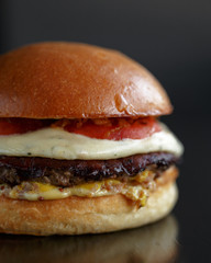 Appetizing juicy burger on a dark background. Close-up