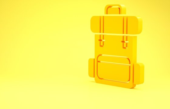 Yellow Hiking Backpack Icon Isolated On Yellow Background. Camping And Mountain Exploring Backpack. Minimalism Concept. 3d Illustration 3D Render