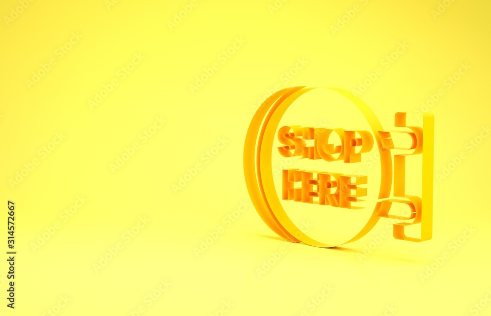 Sticker yellow signboard hanging with an inscription shop here icon isolated on yellow background. suitable 