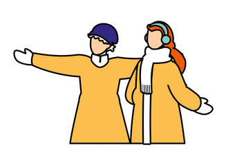 couple of people with winter clothes on white background