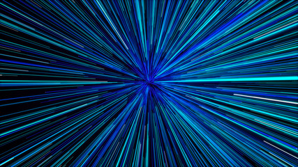 Hyper jump. Abstract cosmic background. Neon glowing rays in motion. Colorful explosion. 3d illustration