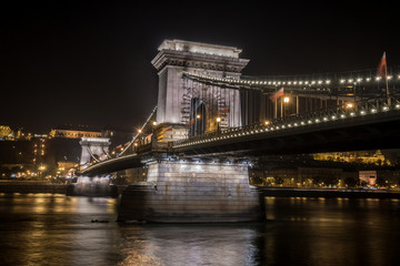 Night view of the Szechenyi Chain Bridge is a suspension bridge that spans the River Danube between Buda and Pest.