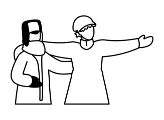 men with winter clothes on white background