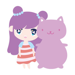 kids, cute little girl anime cartoon and cat