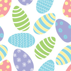 Pastel Colors Decorated Easter Egg vector seamless pattern. Floral, dots, zig zag, stripes in fun Spring Colors. All colors can be changed.