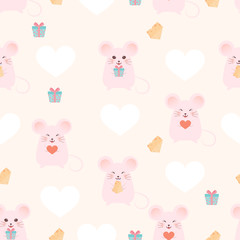 Valentine day patterns. Mouse , heart, gift box, butter on orange background.