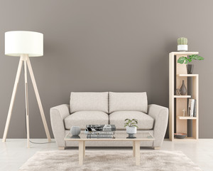 Interior with empty dark grey wall in background. 3D illustration