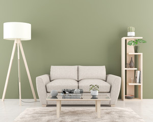 Interior with empty green wall in background.3D illustration
