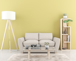 Interior with empty yellow wall in background. 3D illustration