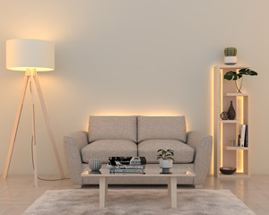 Interior wall with soft white led lights. 3D render