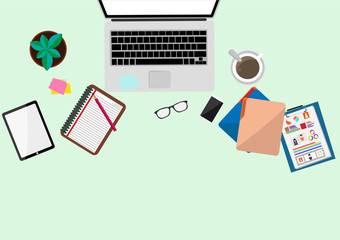 Top view modern work office with copy space.table with money,plant,coffee cup,smartphone, paper,notebook,pen and laptop copy space on background.Vector Workplace and flat lay design vector concept.