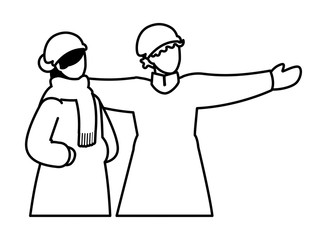 couple of people with winter clothes on white background