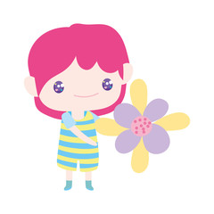 cute little boy cartoon holding beautiful flower