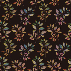 Seamless botanical pattern. Hand painted leaves of different colors on a dark background. Elegant leaves art.