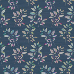 Branches with leaves drawn by watercolor. Seamless pattern with leaflets. Botanical ornament on a green background.