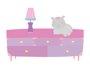 cute gray cat in drawers furniture and lamp