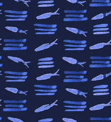Fishes and stripes indigo pattern
