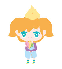 cute little girl anime cartoon with flower and chicken in head