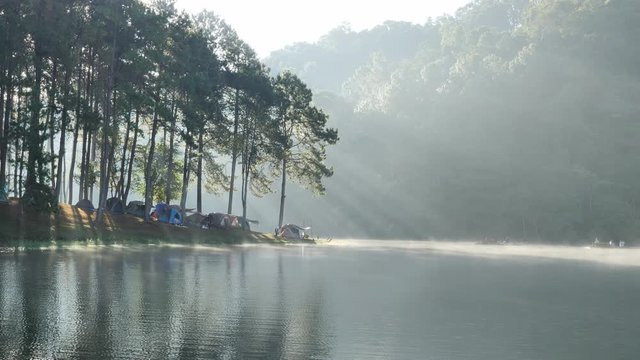 Morning atmosphere and sunlight at lake Pang Ung Forestry Plantations, Maehongson Province, North of Thailand Asia. Tourist attractions relax with nature.
