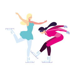 women practicing skating winter on white background