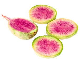 Sliced red salad radish isolated on white background