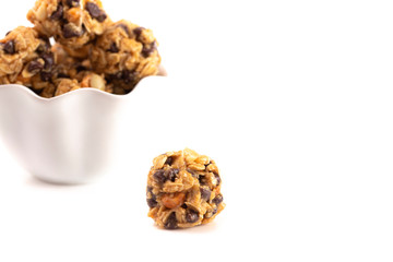 Peanut Butter and Oatmeal Energy Balls with Chocolate Chips Sweetened with Honey