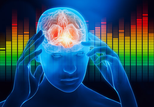 Male portrait with hands touching his temples with audio equalizer on the background. Impact of the sound, the music or the noise on the human brain. Cerebral activity 3d rendering illustration