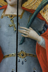 restoration of painting. fragment with probing in the process of restoration. old painting.