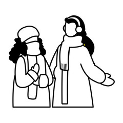 women with winter clothes on white background