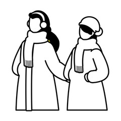 women with winter clothes on white background