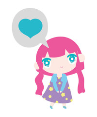 kids, little girl anime cartoon in love chat bubble decoration
