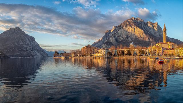 Beautiful sunset light over the city of Lecco (Italy)