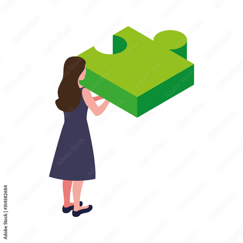 Poster businesswoman with puzzle piece on white background