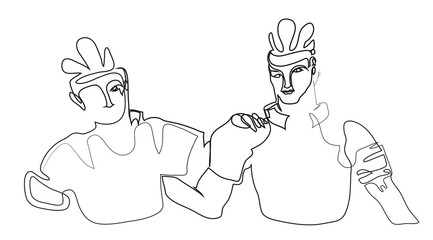 One continuous line drawing of workers hugging and supporting each other. Simple line art drawing of firendly workers hugging and supporting each other.