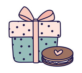 happy valentines day wrapped gift box and sweet cookie