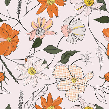 Orange floral bloom vector, hand-drawn beautiful illustration pattern with jungle leaves and sketch florals. Nature design