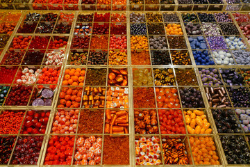 Colorful beads for sale at a craft store in France
