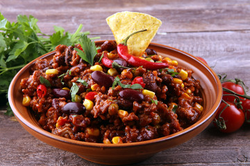 Hot chili con carne. mexican food tasty and spicy wit beans - obrazy, fototapety, plakaty