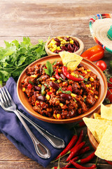 Hot chili con carne. mexican food tasty and spicy wit beans