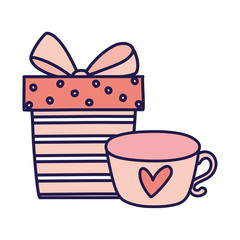 happy valentines day striped gift box and coffee cup love card