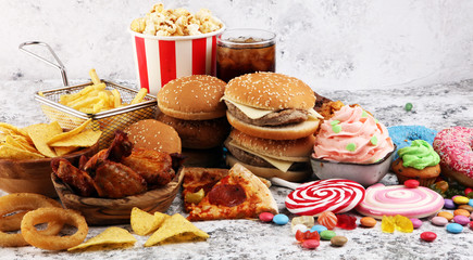 Unhealthy products. food bad for figure, skin, heart and teeth.