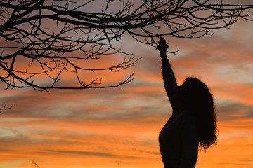 Hippie girl doing a ritual with a tree during a sunset. Hippie spirituality concept, mother earth  G