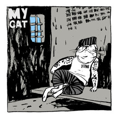 Image of a cat in a striped robe and a prison cell. Color illustration, perfect for use in publications, packaging, posters, souvenirs, t-shirt prints.
